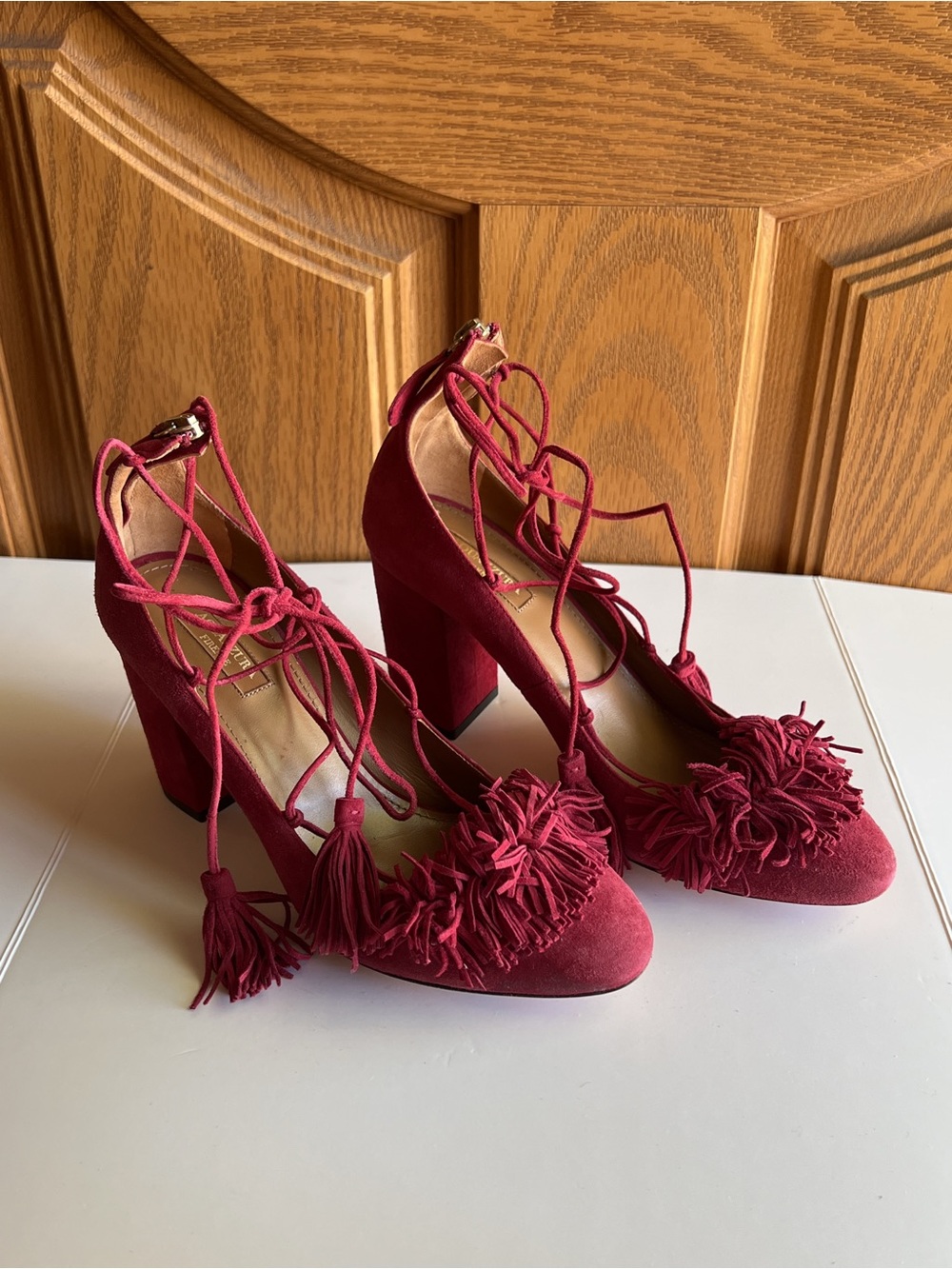 Aquazzura Wild Thing Fringe Sandals Burgundy Suede Lace Up Block Heel EU 38